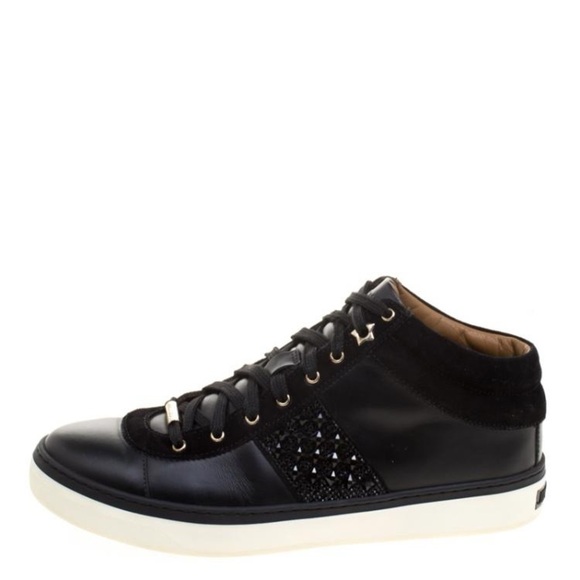 JIMMY CHOO Black Leather and Crystal Studded Suede Bells Lace Up Sneakers Sz 9.5 - Picture 1 of 7